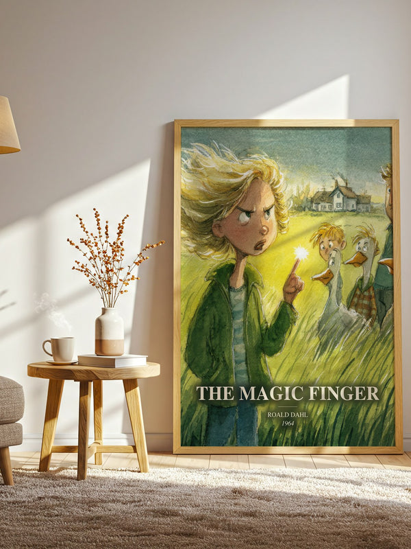 The Magic Finger watercolour print in frame leaning in hallway – childrens wall art