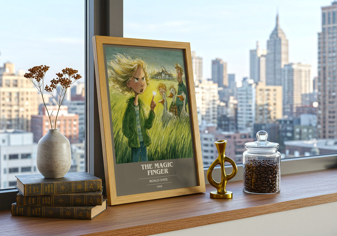 The Magic Finger Book Cover Poster by Roald Dahl – framed print on a city-view windowsill