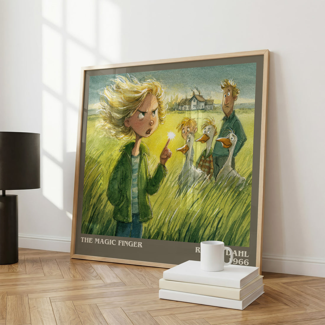 The Magic Finger Literary Art Print by Roald Dahl – large square framed print leaning against a wall