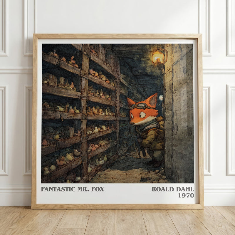 Fantastic Mr. Fox literary print in frame leaning in hallway – childrens wall art