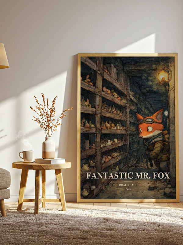 Fantastic Mr. Fox watercolour print in frame leaning in hallway – childrens wall art