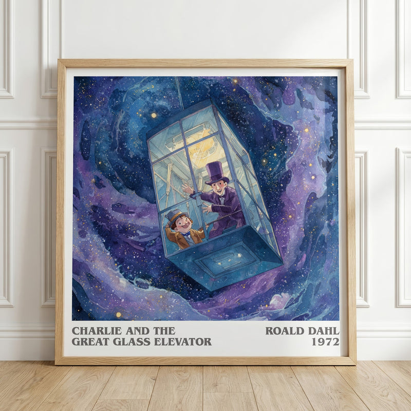 Charlie and the Great Glass Elevator literary print in frame leaning in hallway – childrens wall art