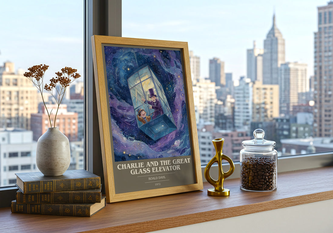 Charlie and the Great Glass Elevator Book Cover Poster by Roald Dahl – framed print on a city-view windowsill