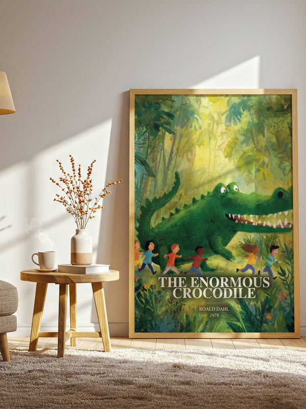 The Enormous Crocodile watercolour print in frame leaning in hallway – childrens wall art