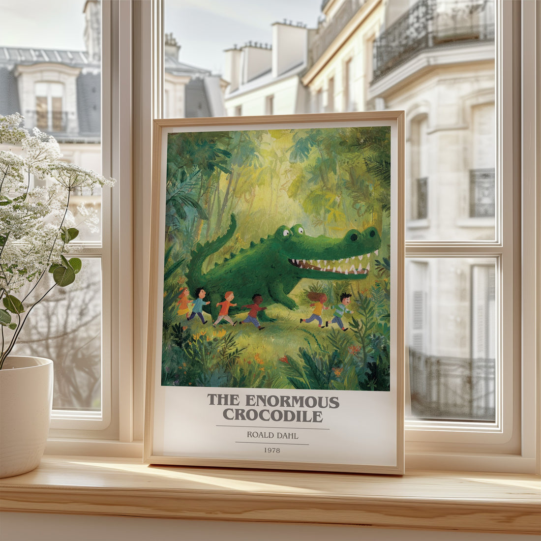 The Enormous Crocodile Book Cover Poster by Roald Dahl – framed print by a bright window