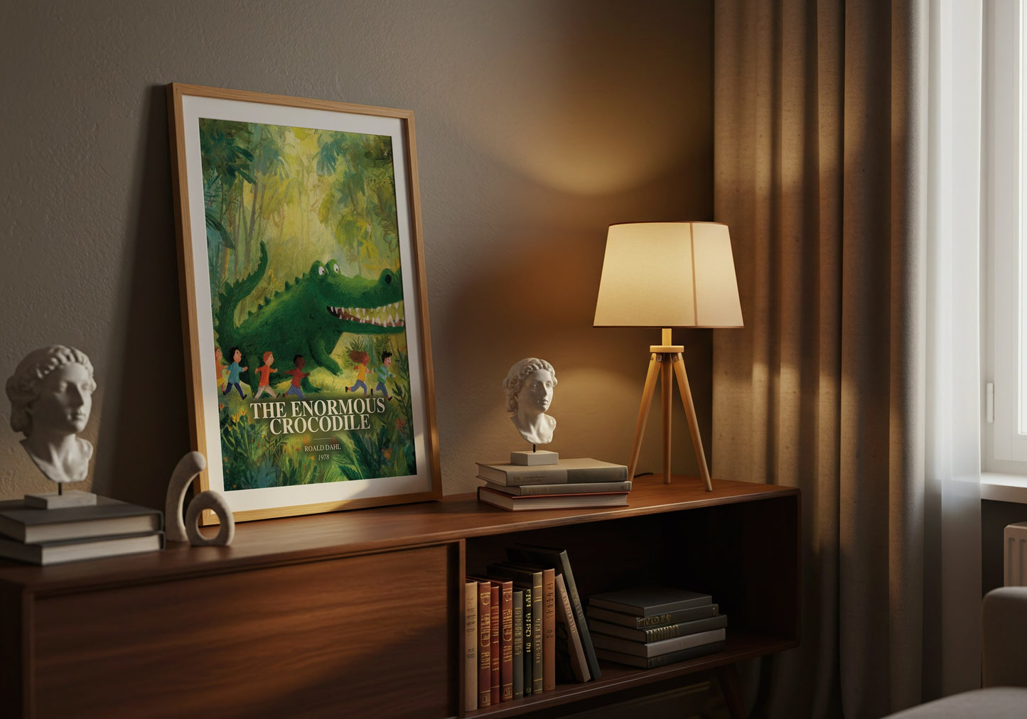 The Enormous Crocodile watercolour print on bookshelf – Roald Dahl fan gift