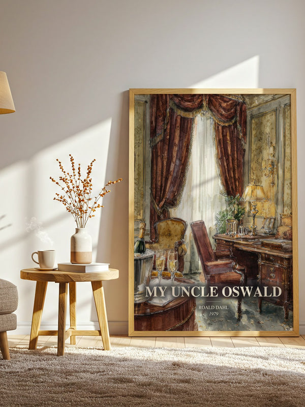 My Uncle Oswald watercolour print in frame leaning in hallway – satire wall art