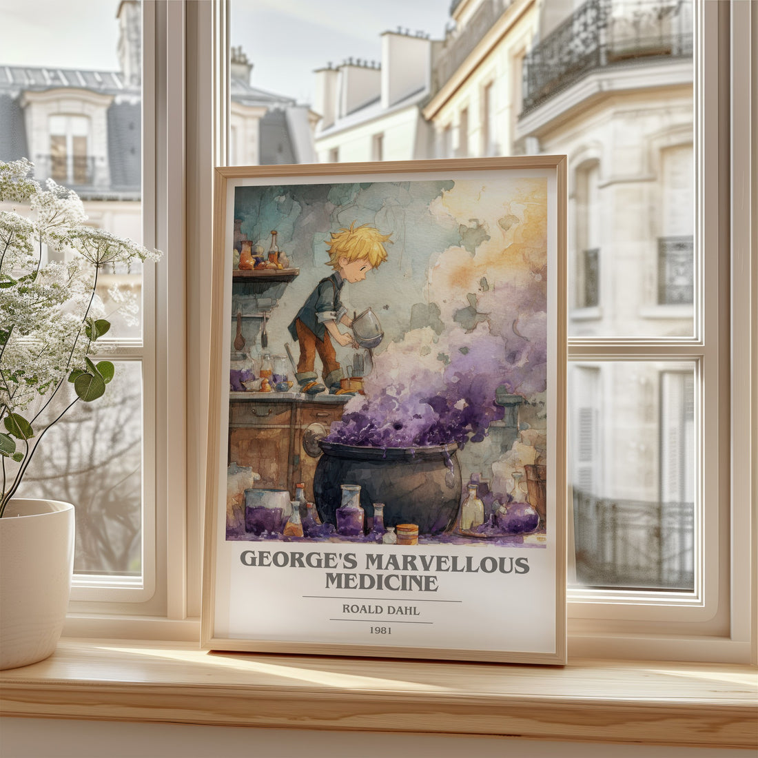 George's Marvellous Medicine Book Cover Poster by Roald Dahl – framed print by a bright window
