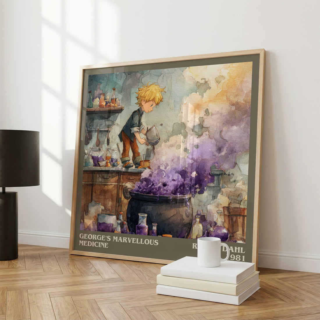 George's Marvellous Medicine Literary Art Print by Roald Dahl – large square framed print leaning against a wall
