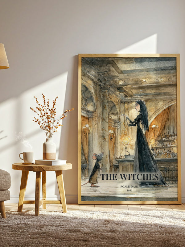 The Witches watercolour print in frame leaning in hallway – childrens wall art