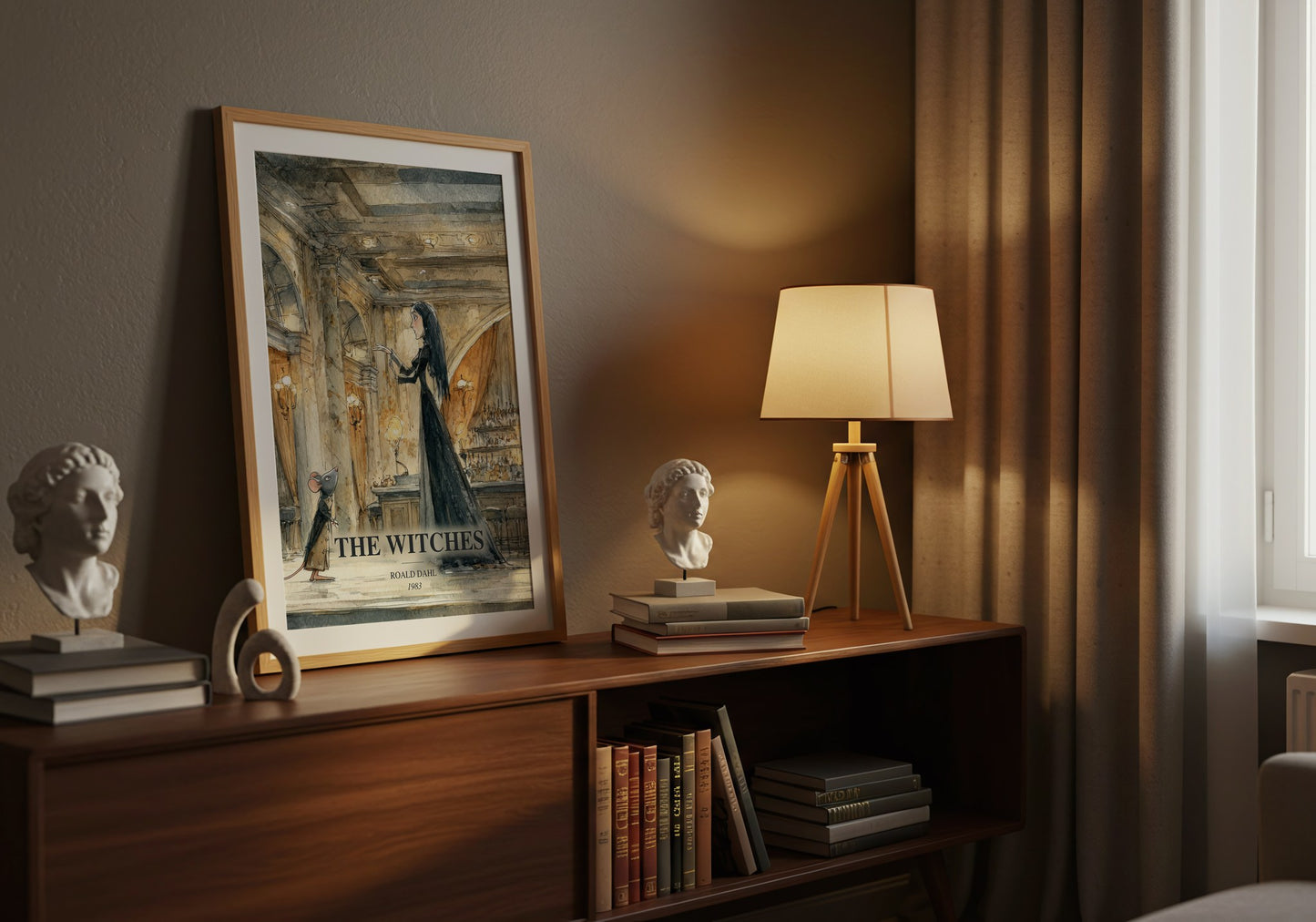 The Witches watercolour print on bookshelf – Roald Dahl fan gift