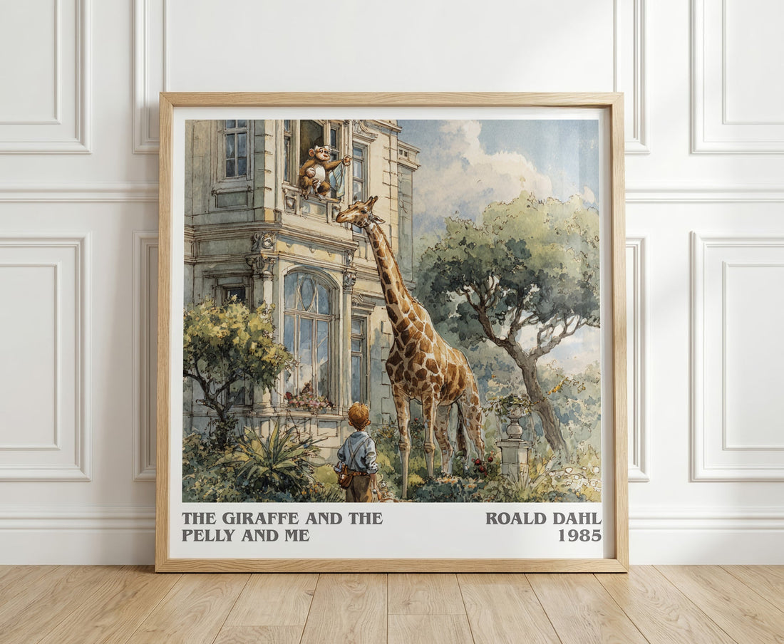 The Giraffe and the Pelly and Me literary print in frame leaning in hallway – childrens wall art (mockup)