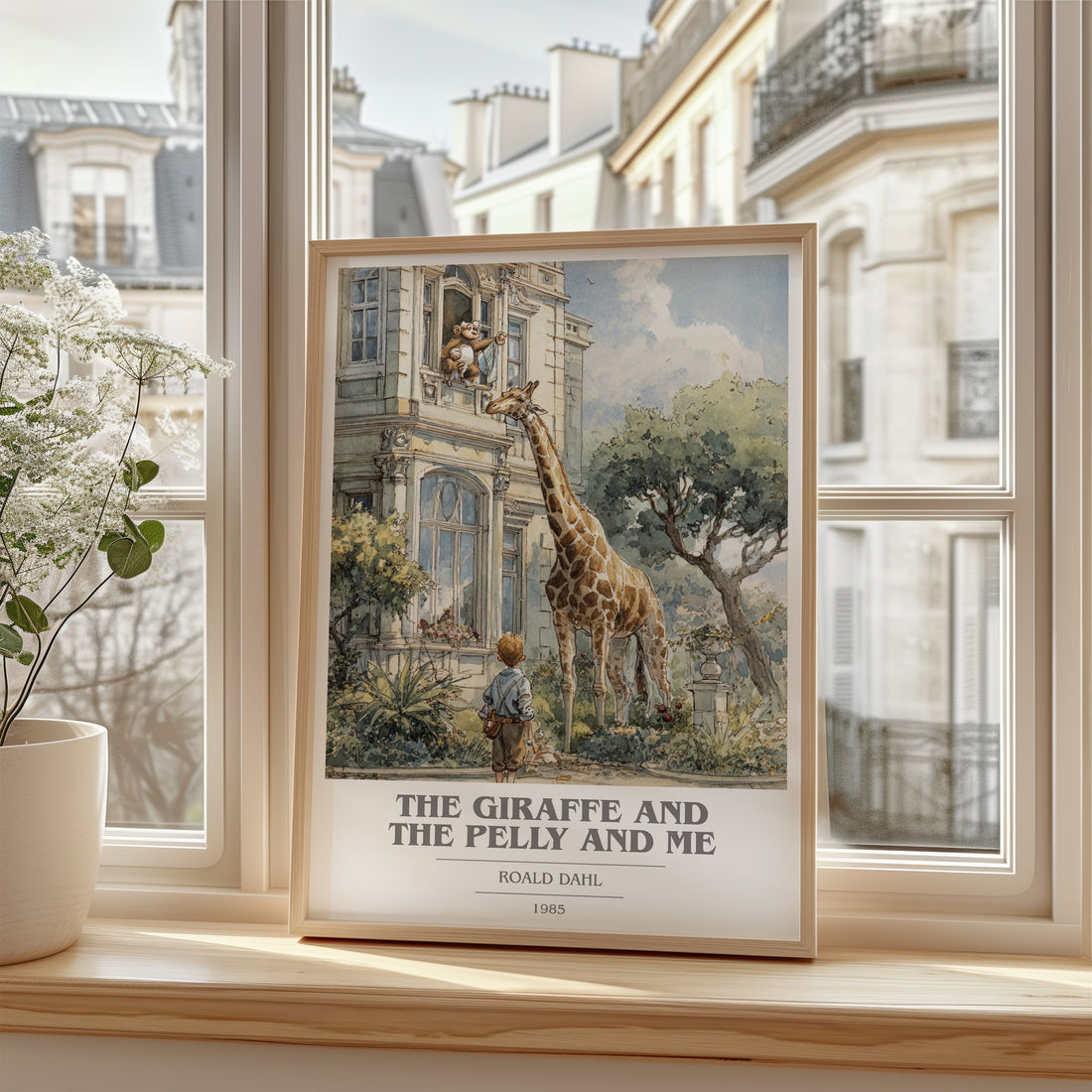 The Giraffe and the Pelly and Me Book Cover Poster by Roald Dahl – framed print by a bright window