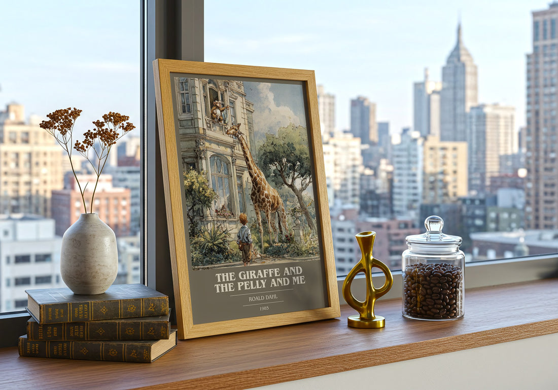 The Giraffe and the Pelly and Me Book Cover Poster by Roald Dahl – framed print on a city-view windowsill