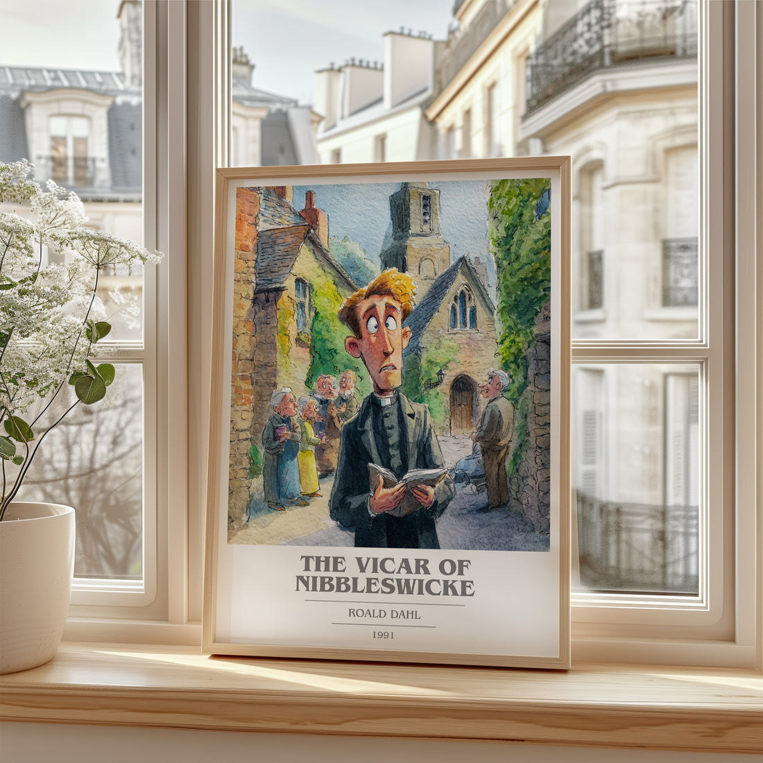 The Vicar of Nibbleswicke Book Cover Poster by Roald Dahl – framed print by a bright window