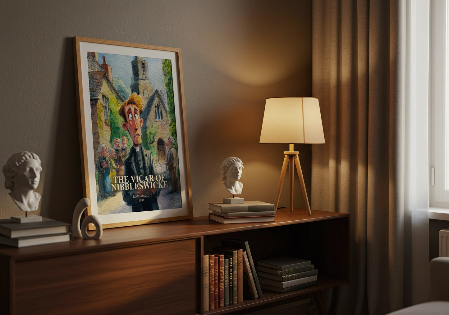 The Vicar Of Nibbleswicke watercolour print on bookshelf – Roald Dahl fan gift