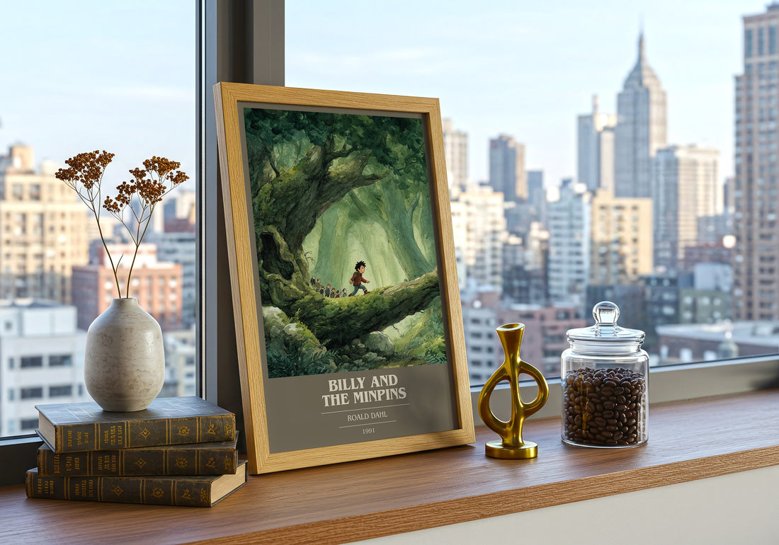 Billy and the Minpins Book Cover Poster by Roald Dahl – framed print on a city-view windowsill