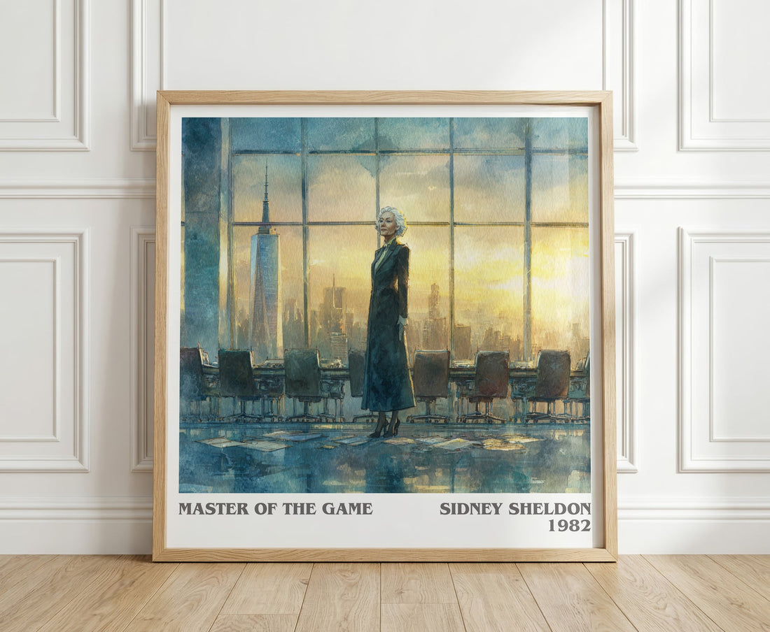 Master of the Game literary print in frame leaning in hallway – thriller wall art (mockup)