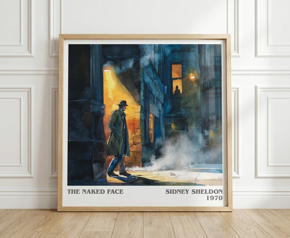 The Naked Face literary print in frame leaning in hallway – thriller wall art (mockup)