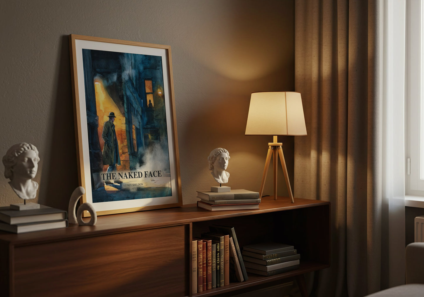 The Naked Face watercolour print on bookshelf – Sidney Sheldon fan gift