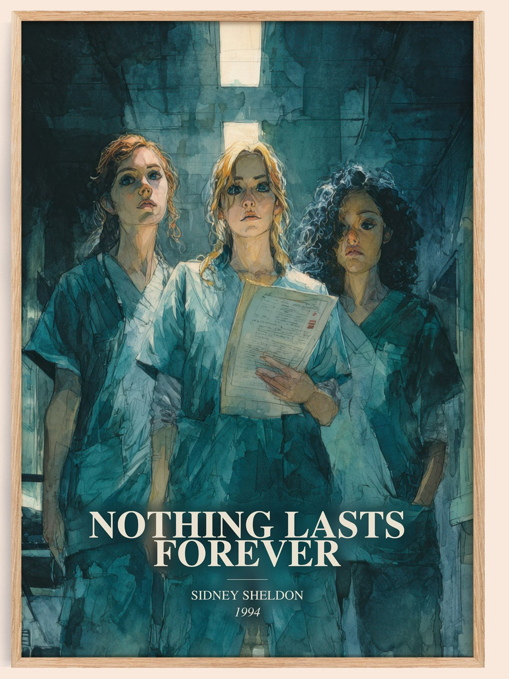 Nothing Lasts Forever watercolour book poster by Sidney Sheldon – framed literary art print