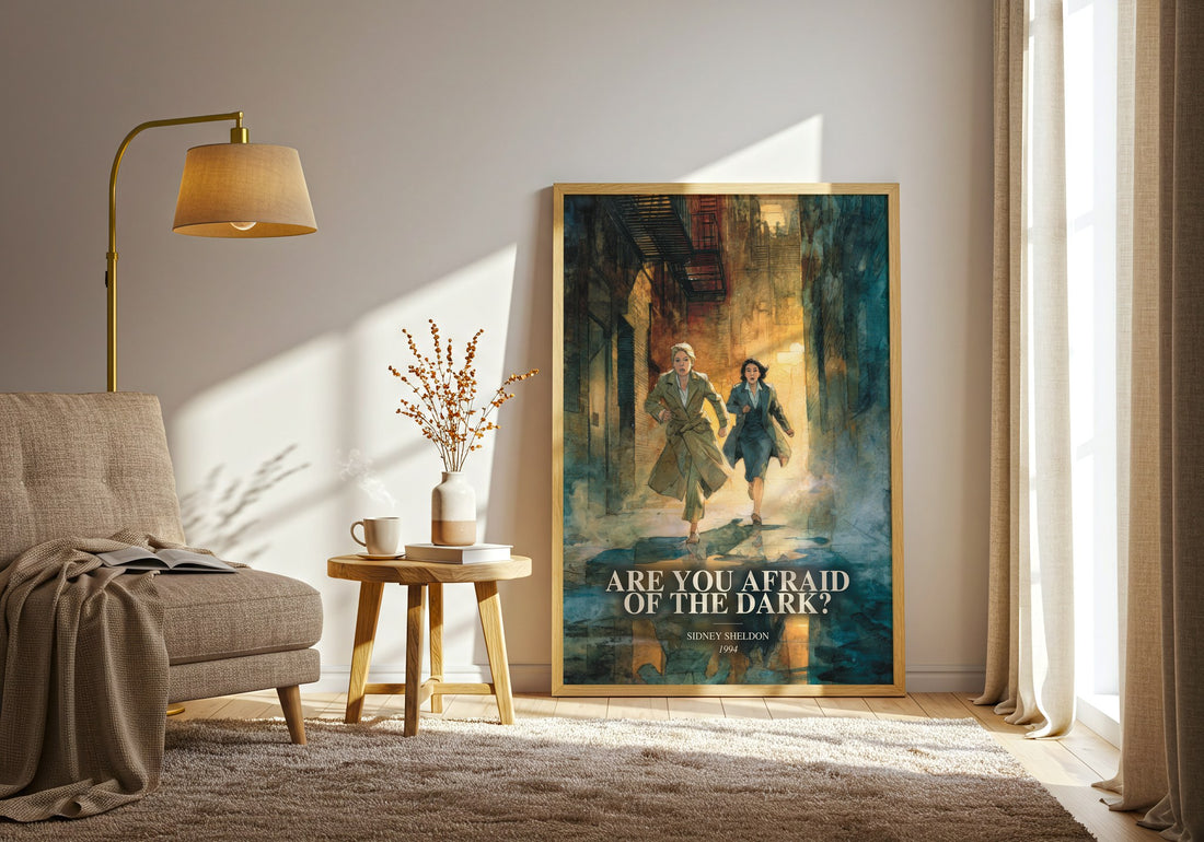 Are You Afraid Of The Dark? watercolour print in frame leaning in hallway – thriller wall art (mockup)