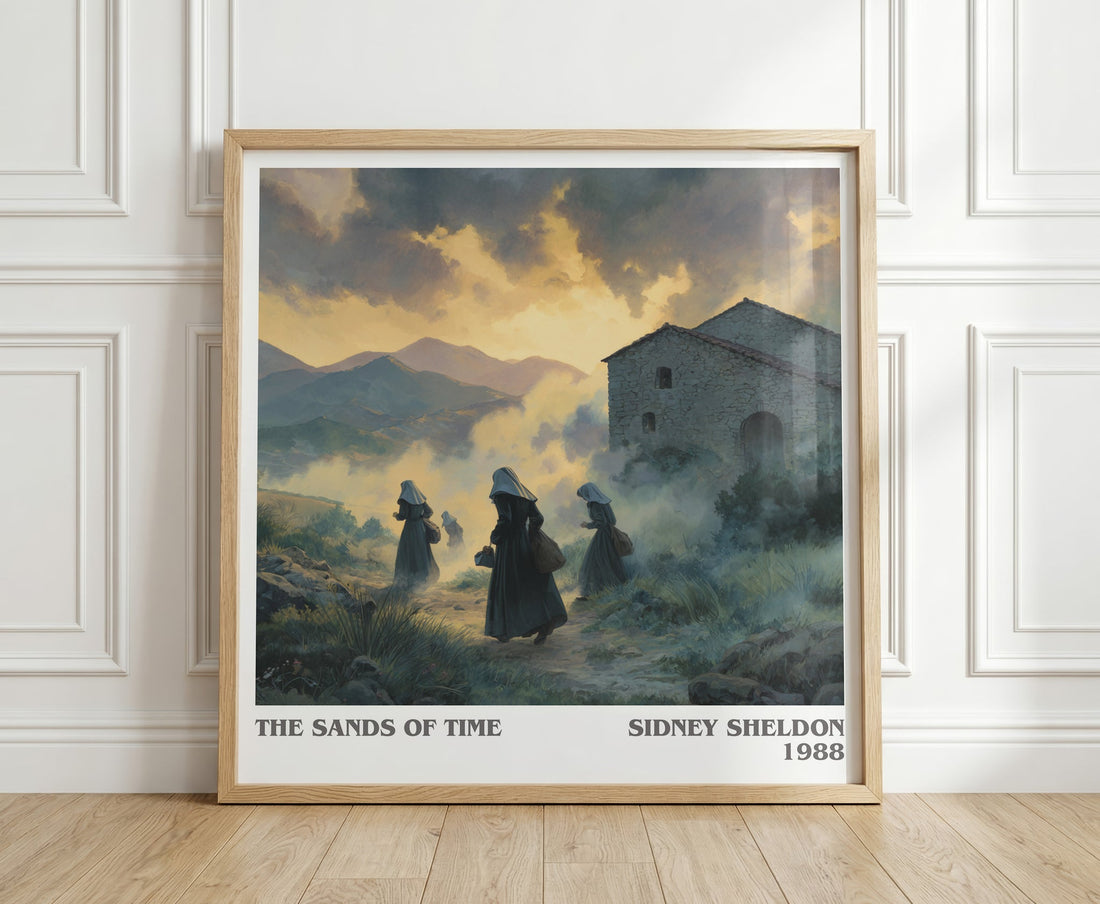 The Sands of Time literary print in frame leaning in hallway – thriller wall art (mockup)