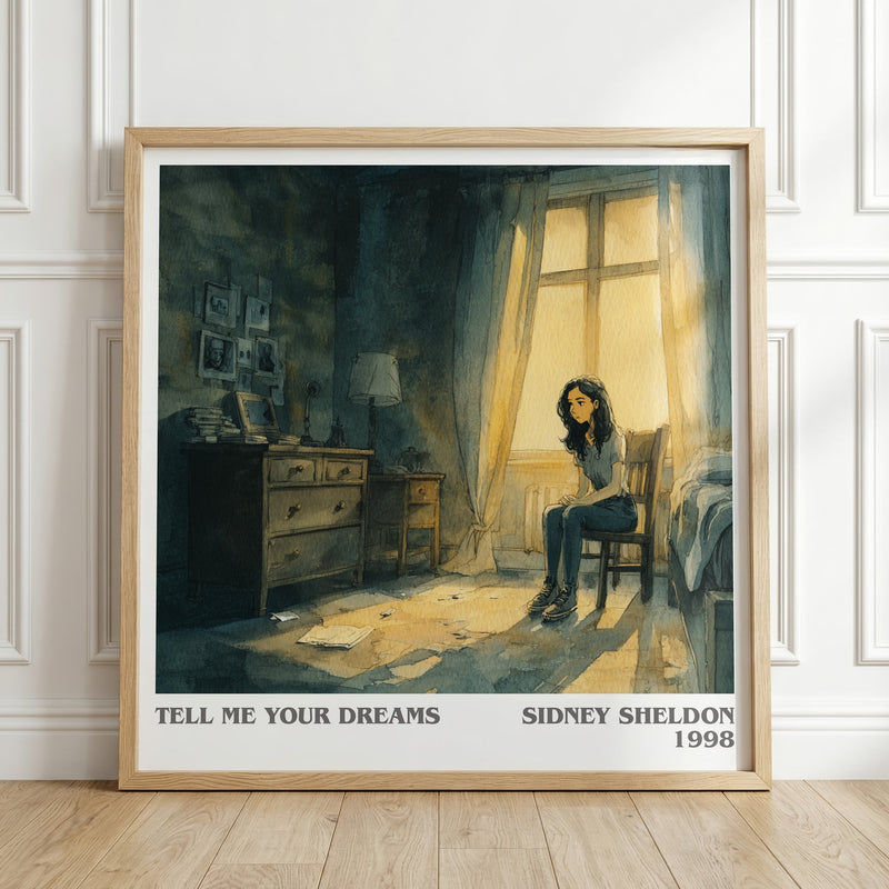 Tell Me Your Dreams literary print in frame leaning in hallway – thriller wall art