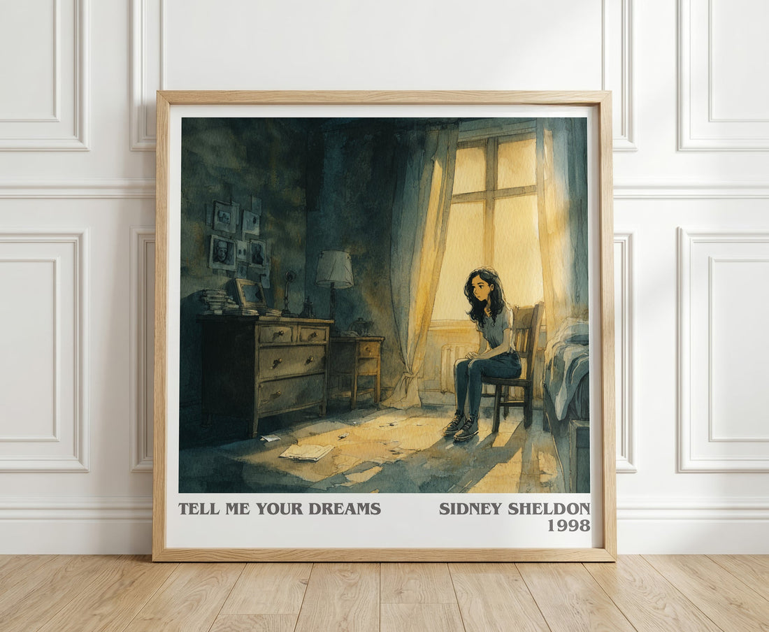 Tell Me Your Dreams literary print in frame leaning in hallway – thriller wall art (mockup)