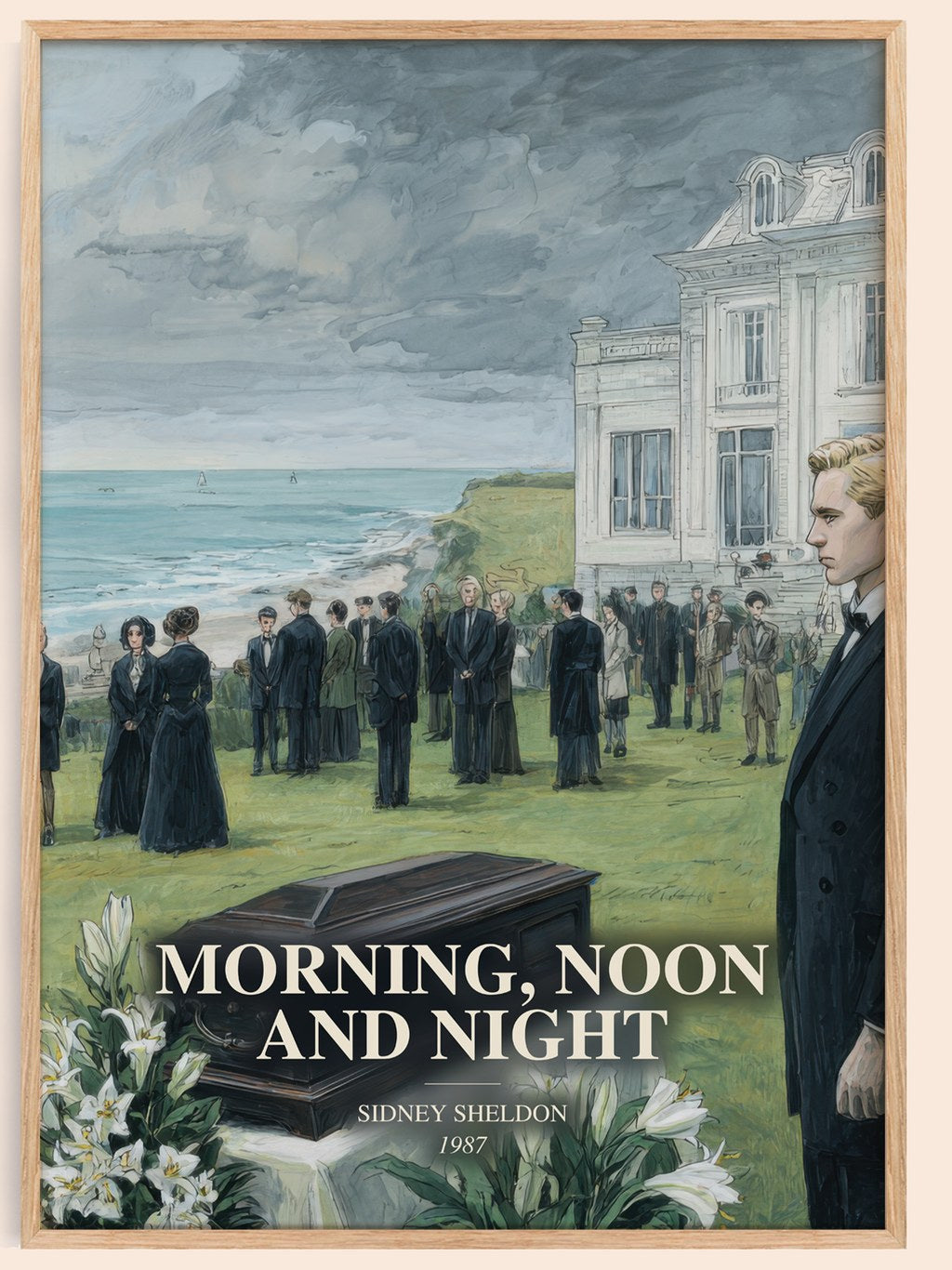 Morning, Noon And Night watercolour book poster by Sidney Sheldon – framed literary art print
