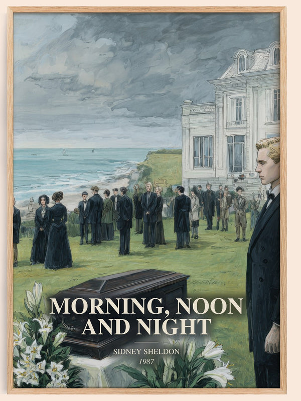 Morning, Noon And Night watercolour book poster by Sidney Sheldon – framed literary art print
