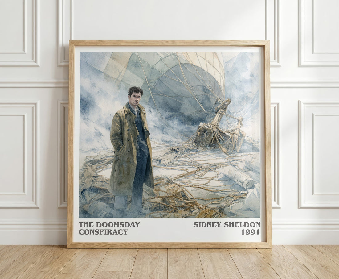 The Doomsday Conspiracy literary print in frame leaning in hallway – thriller wall art (mockup)
