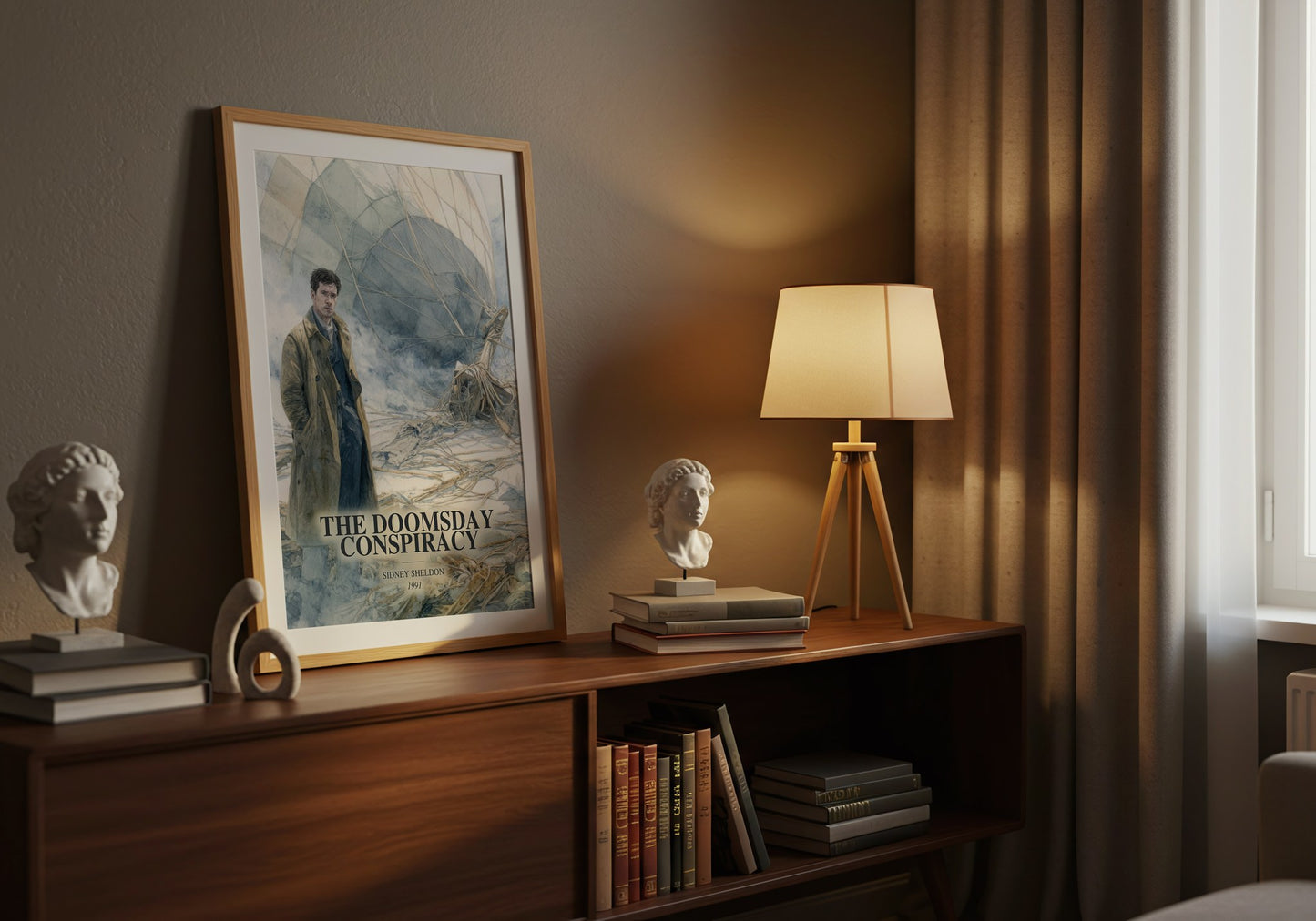 The Doomsday Conspiracy watercolour print on bookshelf – Sidney Sheldon fan gift