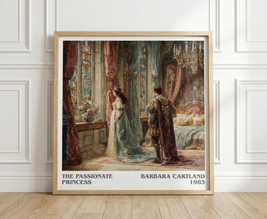 The Passionate Princess literary print in frame leaning in hallway – romance wall art (mockup)