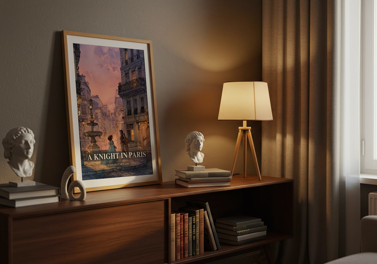 A Knight In Paris watercolour print on bookshelf – Barbara Cartland fan gift