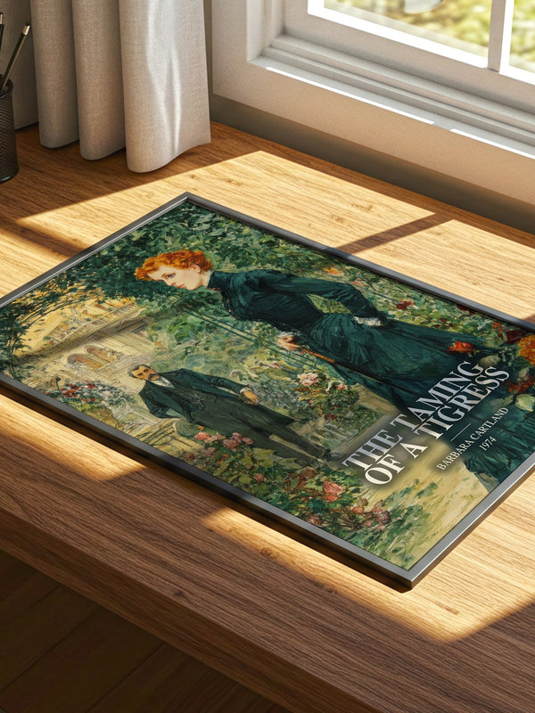 The Taming Of A Tigress watercolour book poster framed on wall – romance wall art