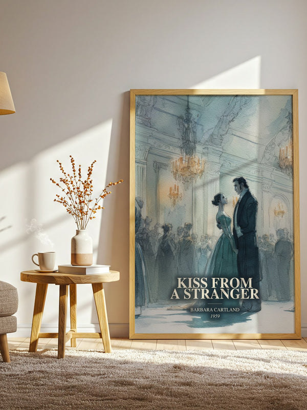 Kiss From A Stranger watercolour print in frame leaning in hallway – romance wall art