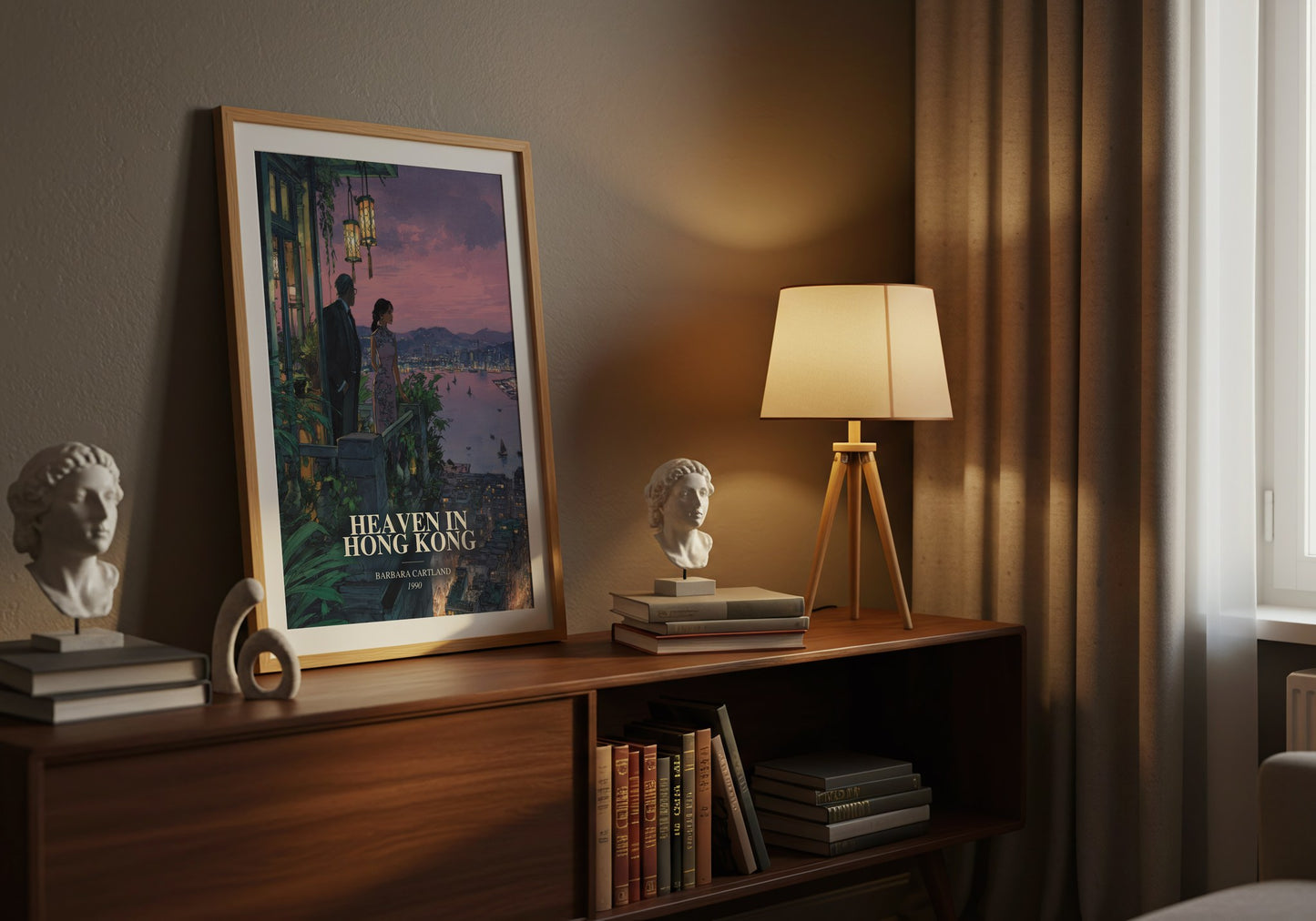 Heaven In Hong Kong watercolour print on bookshelf – Barbara Cartland fan gift