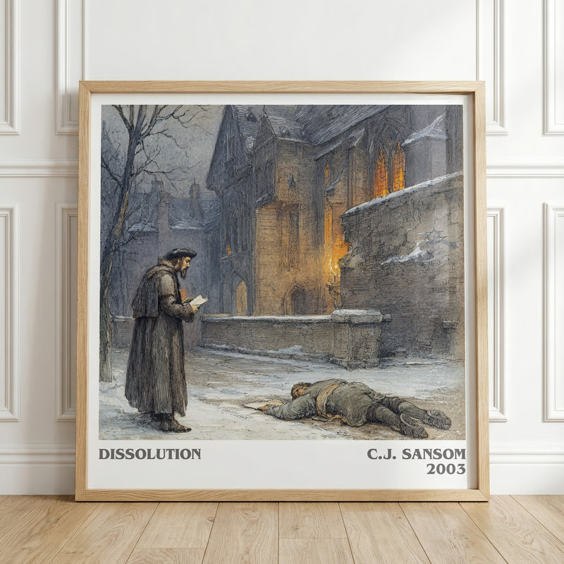 Dissolution literary print in frame leaning in hallway – historical fiction wall art