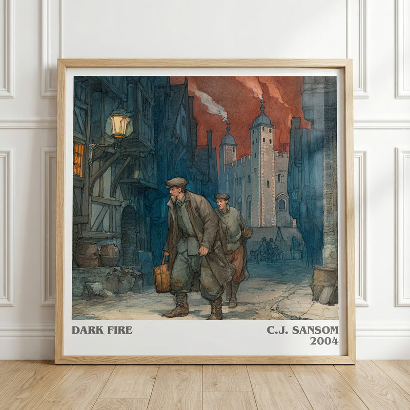 Dark Fire literary print in frame leaning in hallway – historical fiction wall art