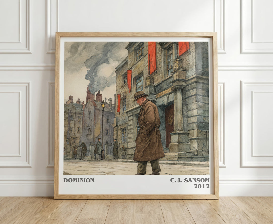 Dominion literary print in frame leaning in hallway – historical fiction wall art (mockup)