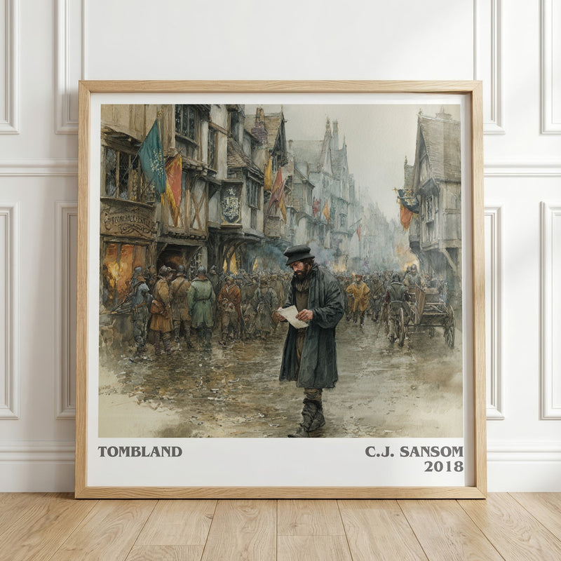 Tombland literary print in frame leaning in hallway – historical fiction wall art