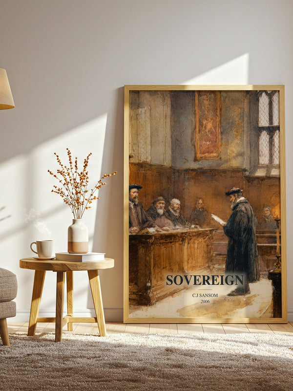 Sovereign watercolour print in frame leaning in hallway – historical fiction wall art