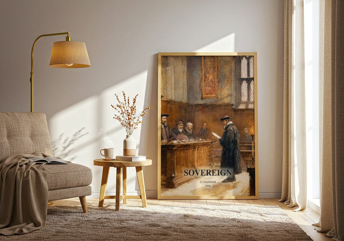 Sovereign watercolour print in frame leaning in hallway – historical fiction wall art (mockup)