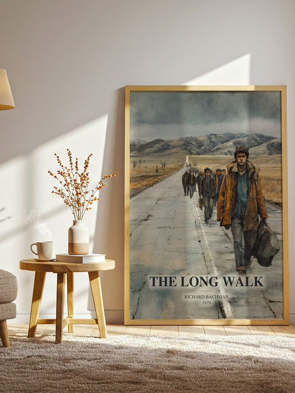 The Long Walk watercolour print in frame leaning in hallway – horror wall art