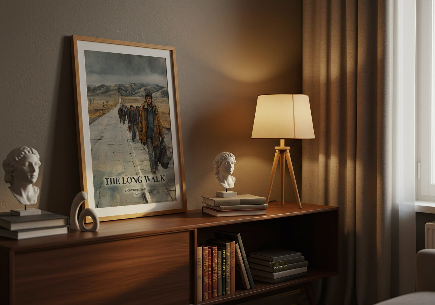The Long Walk watercolour print on bookshelf – Richard Bachman fan gift