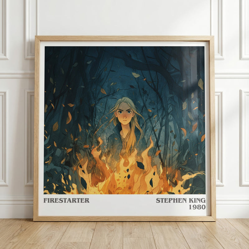 Firestarter literary print in frame leaning in hallway – horror wall art