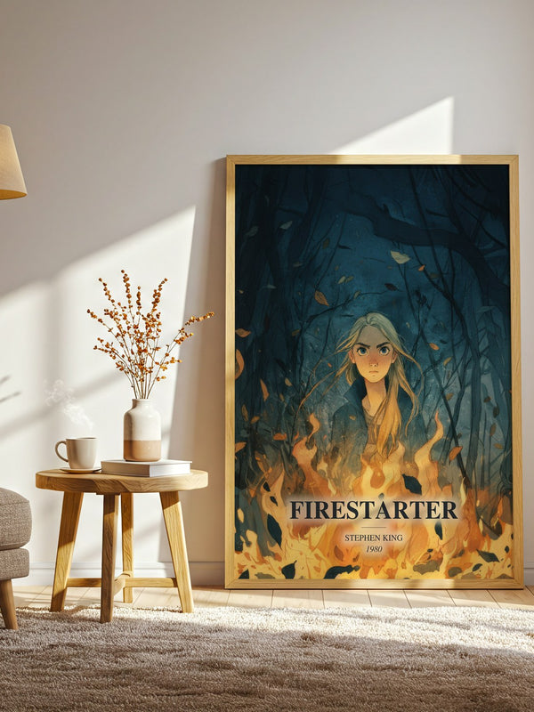 Firestarter watercolour print in frame leaning in hallway – horror wall art