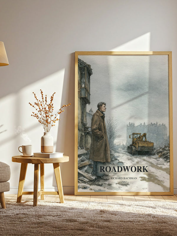 Roadwork watercolour print in frame leaning in hallway – thriller wall art