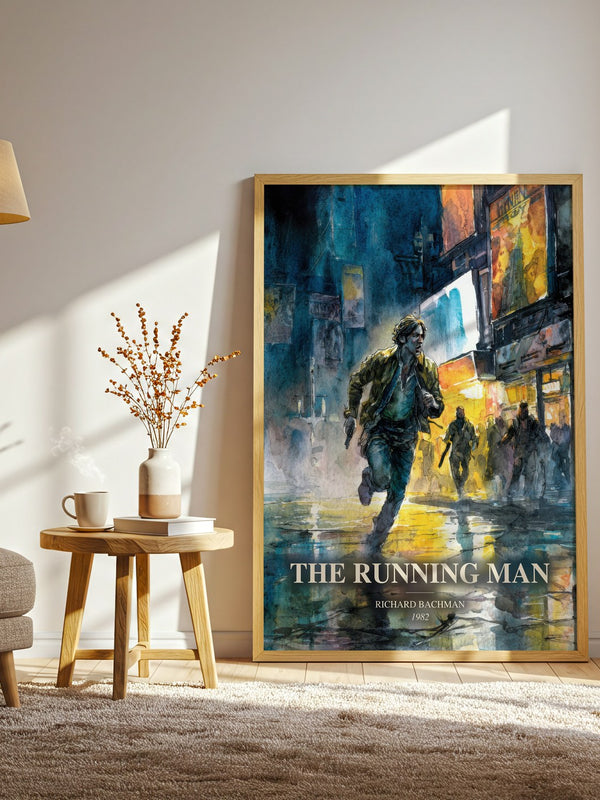 The Running Man watercolour print in frame leaning in hallway – dystopian wall art